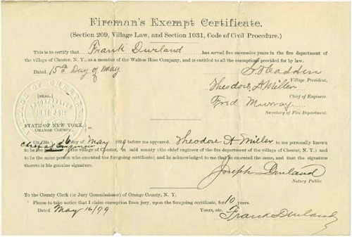 Frank Durland, a member of the Walton Hose Company Fireman's Exempt Certificate. May 16, 1899 (Provided  exemption from jury, duty for 10 years.) chs-010684